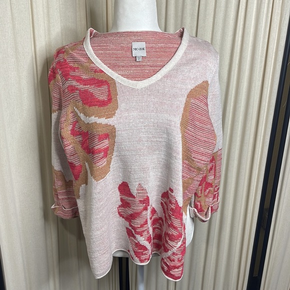 NIC+ZOE - CREAM BASE W/ CORAL & ORANGE FLOWERS VNECK SWEATER SIZE LARGE - Picture 12 of 15